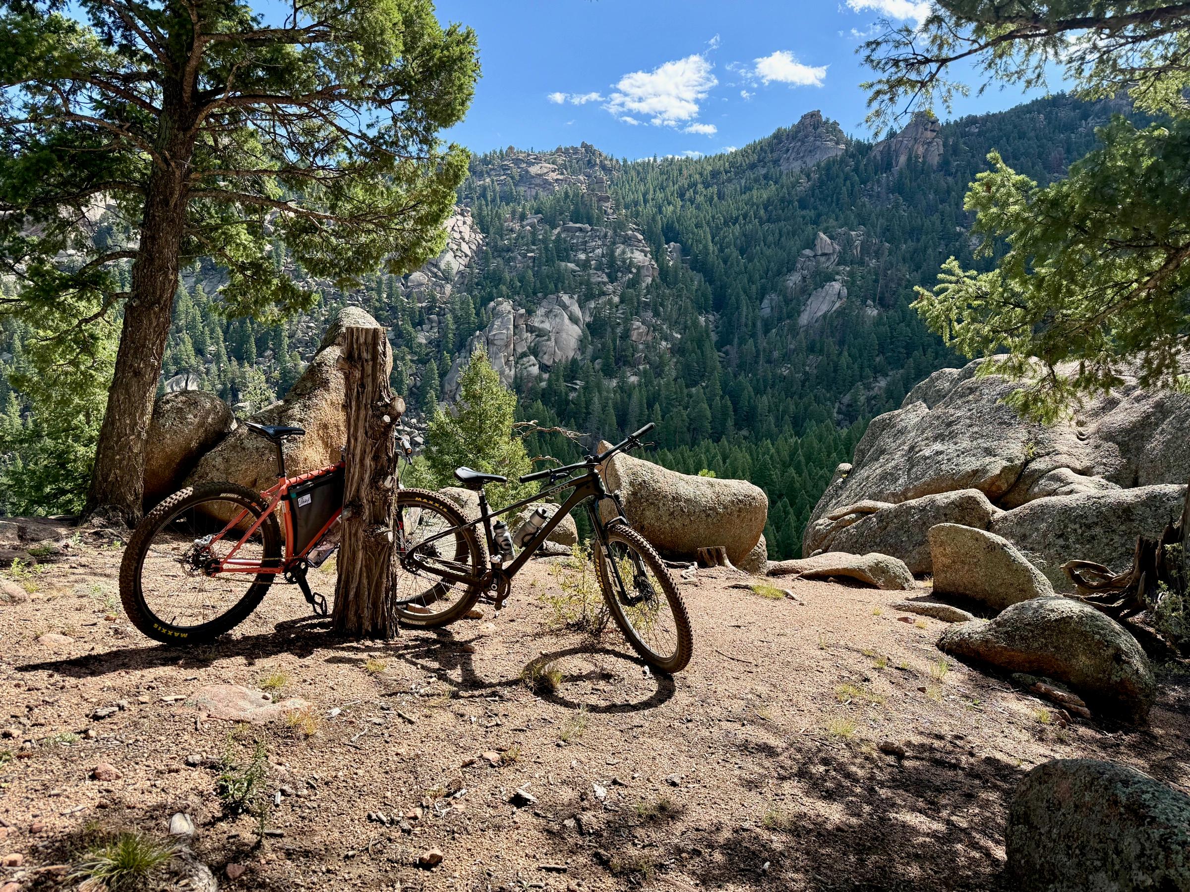 Two mountain bikes, one orange and one black, leaning against a tree stump on a rocky overlook with granite rock formations and pine forest in the distance
