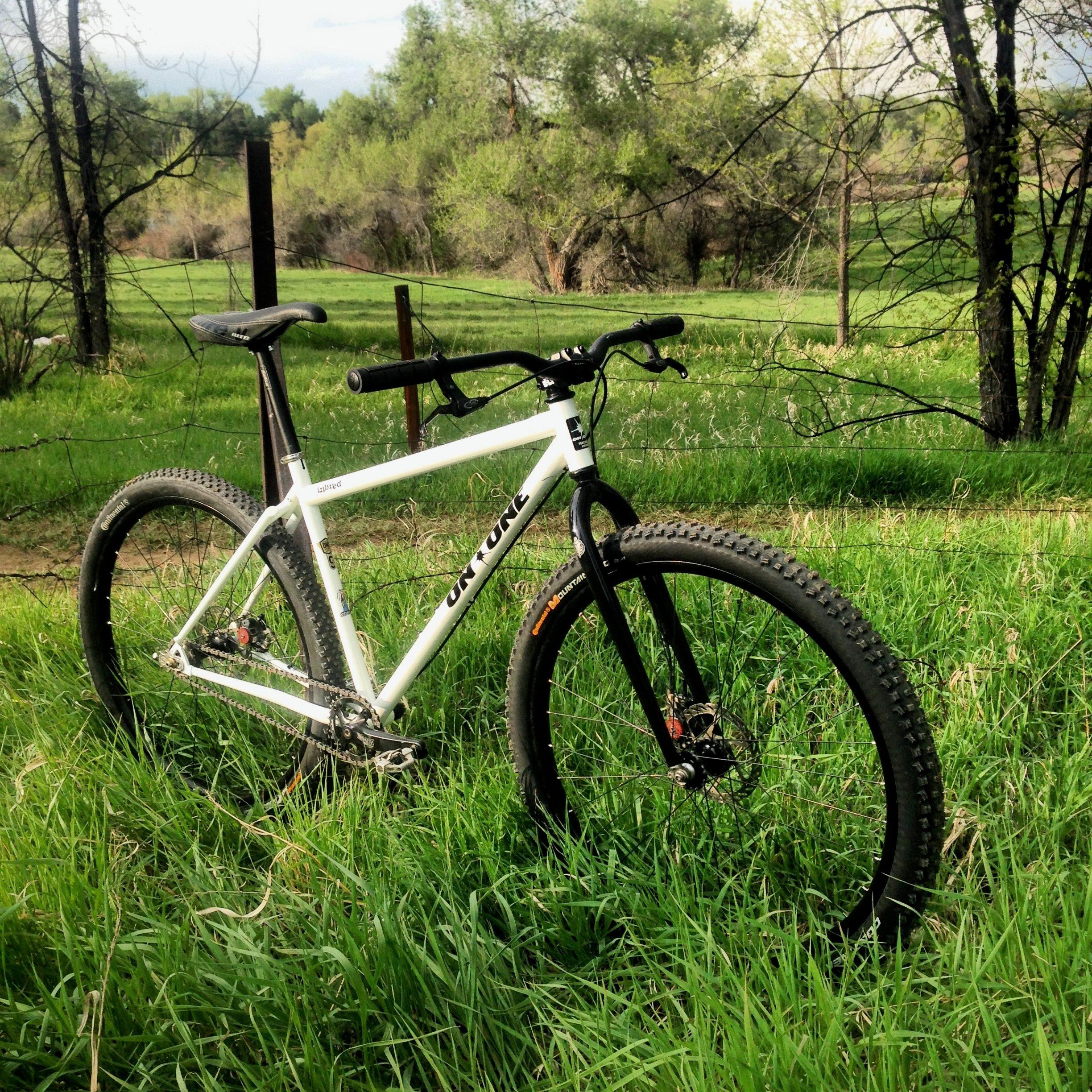 White On-One Inbred single-speed mountain bike leaning against a barbed-wire fence in tall green grass, with trees and open field behind