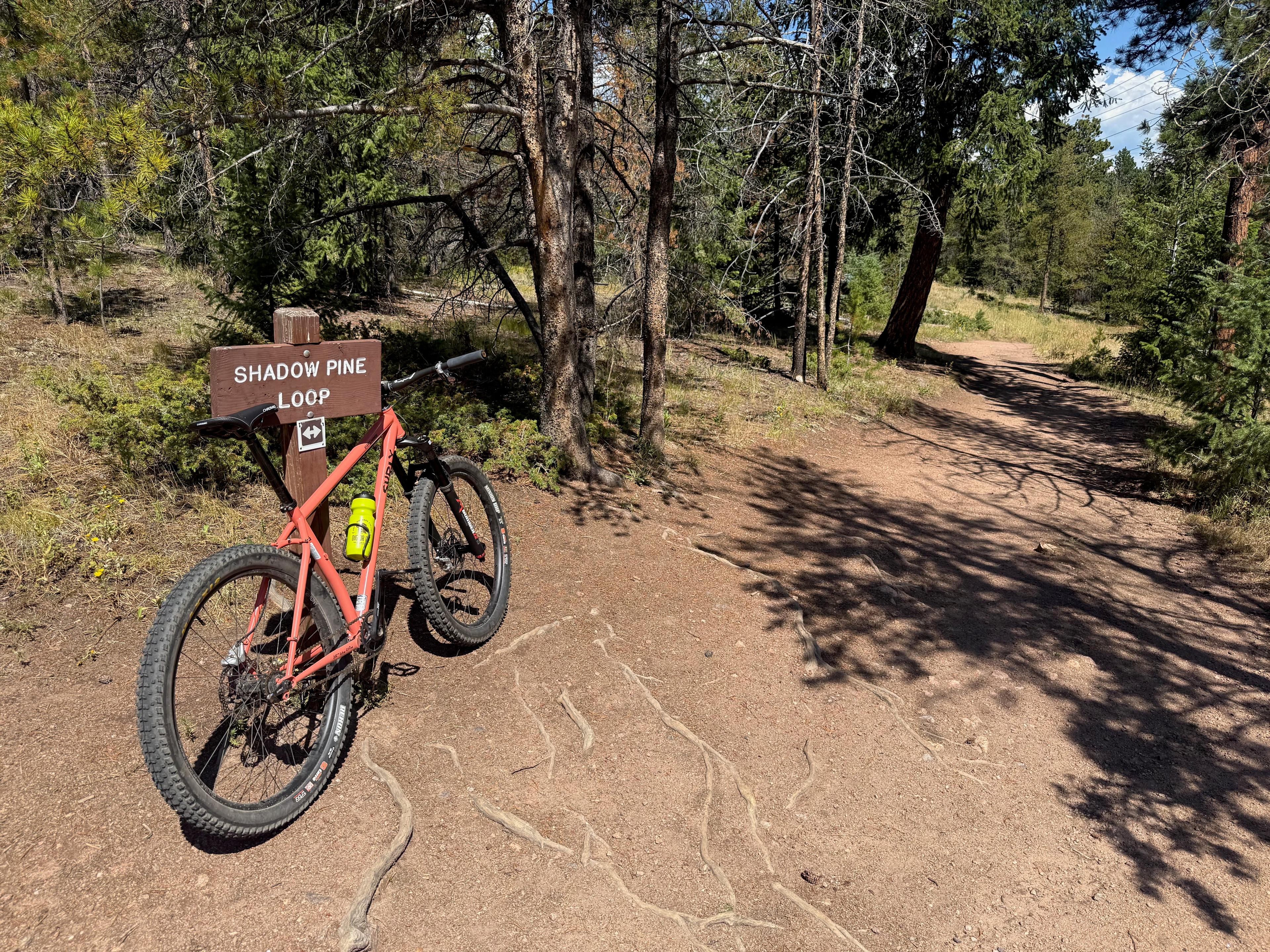 Salmon Surly Karate Monkey leaning against the Shadow Pine Loop trail sign in a pine forest at Flying J Ranch